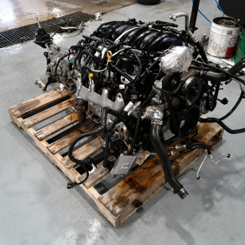 2014 Chevrolet Camaro SS 6.2L LS3 engine for sale - tested low mileage OEM GM V8 engine with transmission on pallet.